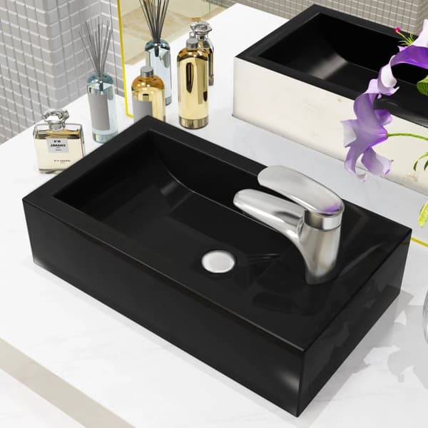 vidaXL Servant med kranhull rektangulær keramisk svart 46x25,5x12 cm