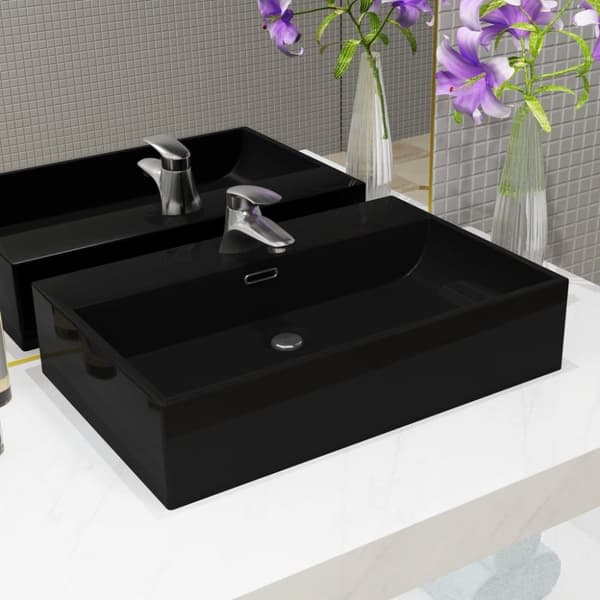 vidaXL Servant med kranhull keramisk svart 60,5x42,5x14,5 cm