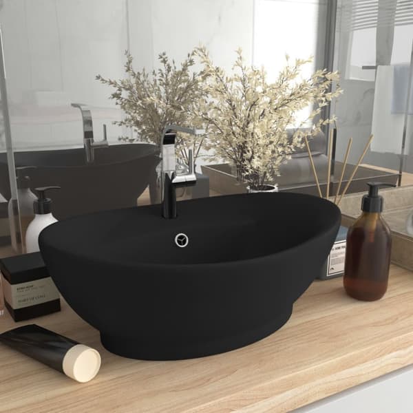 vidaXL Luksuriøs servant overløp oval matt svart 58,5x39 cm keramisk