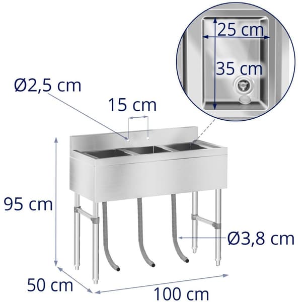 Royal Catering Diskbänk - 3 diskhoar - 100 x 50 x 97 cm