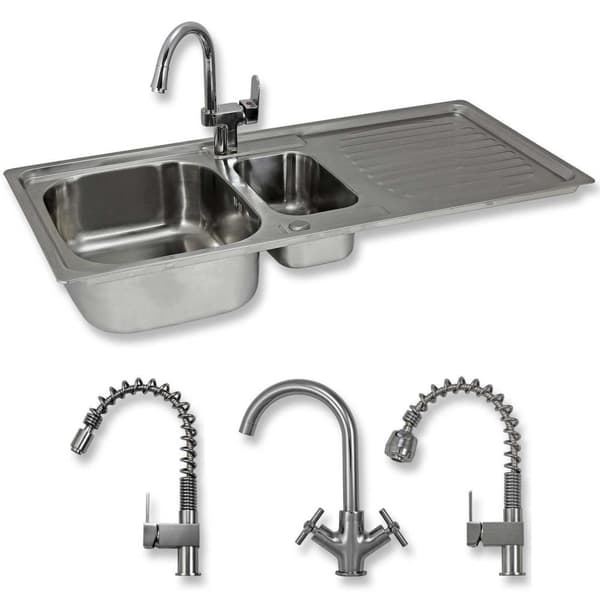 Premium Handfat i Rostfritt Stål & Blandare Vänster eller Höger Sida Avloppsrör Kök Tvättstuga Diskho Diskbänk 0.9mm Stål 105cm (B) x 50cm (D) Victoria