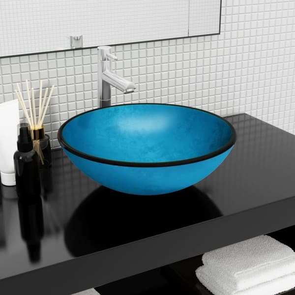 vidaXL håndvask 42x14 cm hærdet glas blå