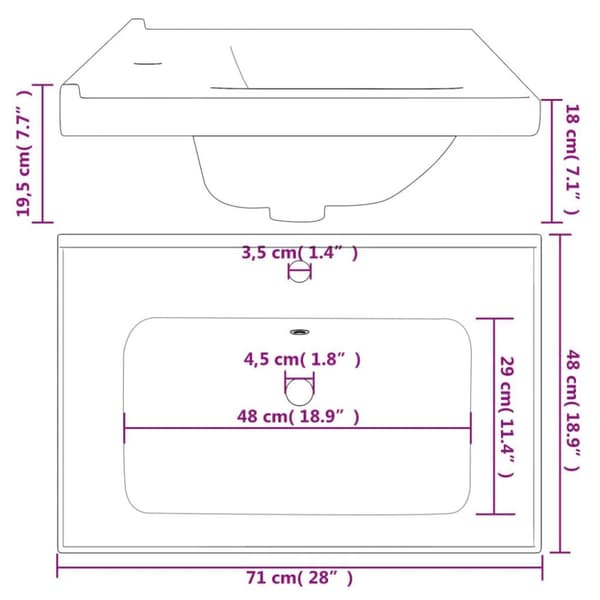 vidaXL badeværelsesvask 71x48x19,5 cm rektangulær keramisk hvid