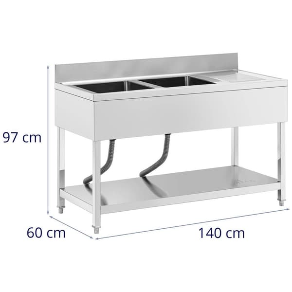 Royal Catering Diskbänk - 2 diskhoar - Rostfritt stål - 140 x 60 x 97 cm - Royal Catering