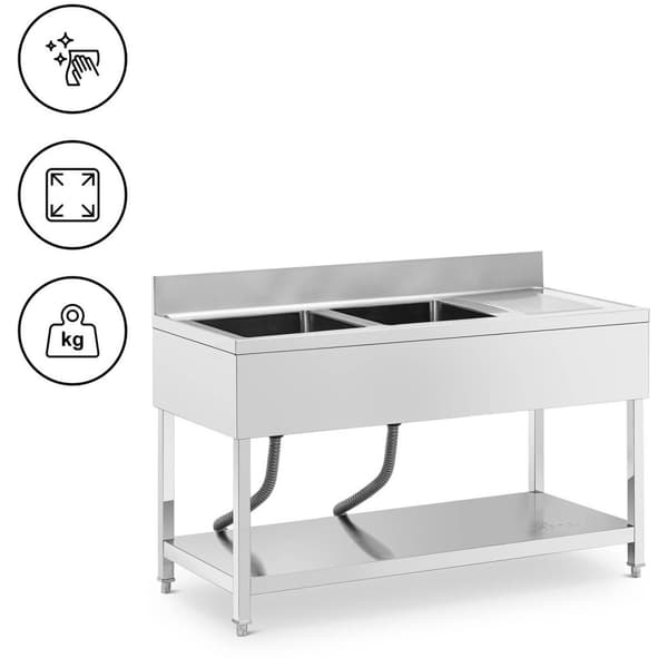 Royal Catering Diskbänk - 2 diskhoar - Rostfritt stål - 140 x 60 x 97 cm - Royal Catering