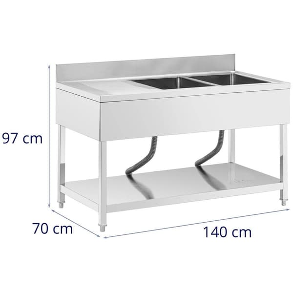 Royal CateringDiskbänk - 2 diskhoar - Rostfritt stål - 140 x 70 x 97 cm - Royal Catering