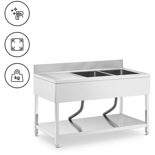 Royal CateringDiskbänk - 2 diskhoar - Rostfritt stål - 140 x 70 x 97 cm - Royal Catering