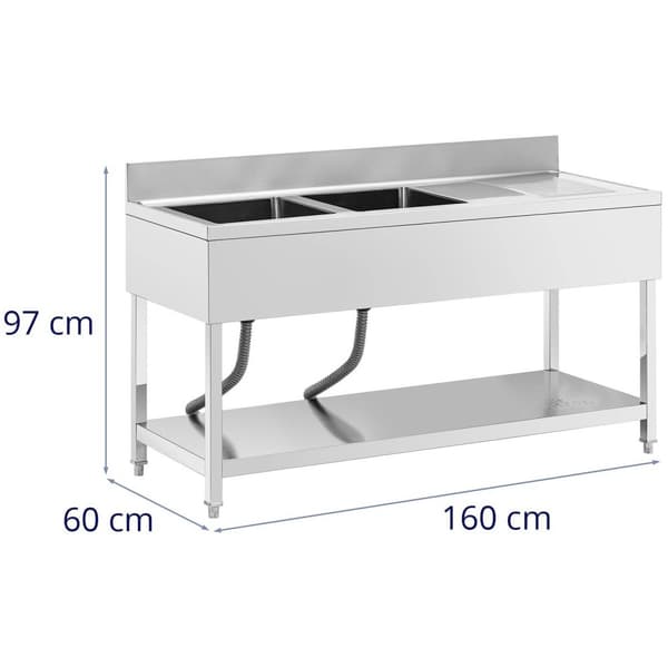 Royal Catering Diskbänk - 2 diskhoar - Rostfritt stål - 160 x 60 x 97 cm - Royal Catering