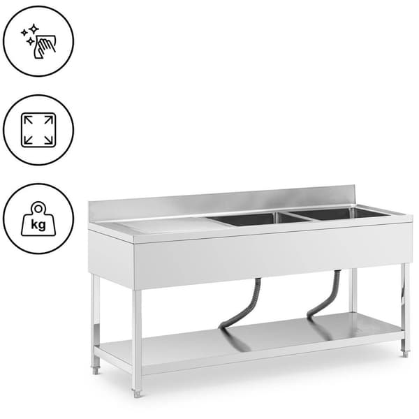 Royal Catering Diskbänk - 2 diskhoar - Rostfritt stål - 180 x 60 x 97 cm - Royal Catering
