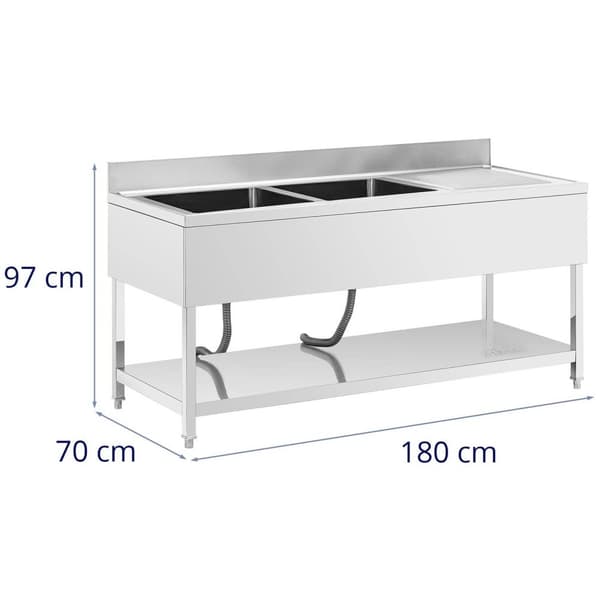 Royal CateringDiskbänk - 2 diskhoar - Rostfritt stål - 180 x 70 x 97 cm - Royal Catering