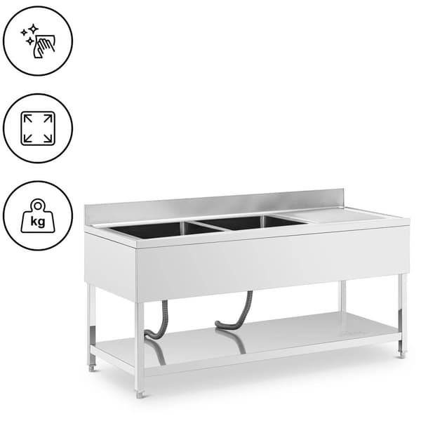Royal CateringDiskbänk - 2 diskhoar - Rostfritt stål - 180 x 70 x 97 cm - Royal Catering