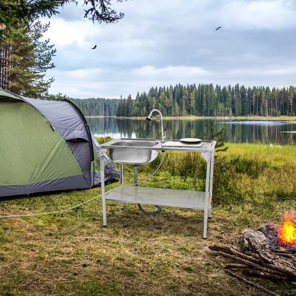 Sammenklappelig campingvask i rustfrit stål fleksibel vandhane Bærbar håndvask Håndvask Afløbsrør Justerbare fødder Udendørs bæretaske Skærebrætkroge