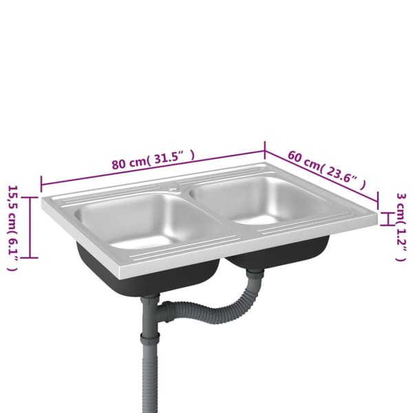 vidaXL køkkenvask med 2 bassiner 800x600x155 mm rustfrit stål sølv -  Køkkenvaske & arbejdsvaske