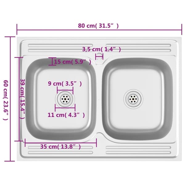 vidaXL køkkenvask med 2 bassiner 800x600x155 mm rustfrit stål sølv -  Køkkenvaske & arbejdsvaske