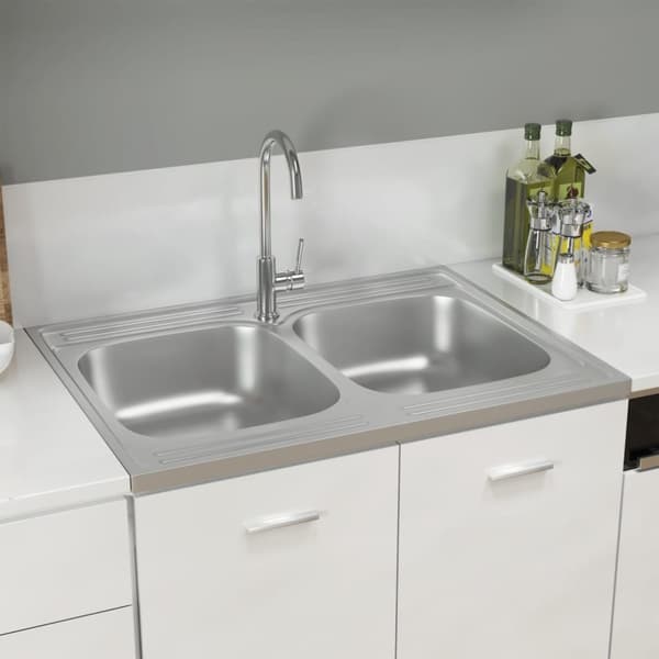 vidaXL køkkenvask med 2 bassiner 800x600x155 mm rustfrit stål sølv -  Køkkenvaske & arbejdsvaske