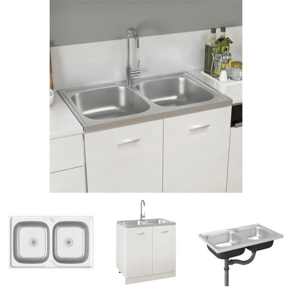 The Living Store køkkenvask med 2 bassiner 800x500x155 mm rustfrit stål sølv -  Køkkenvaske & arbejdsvaske