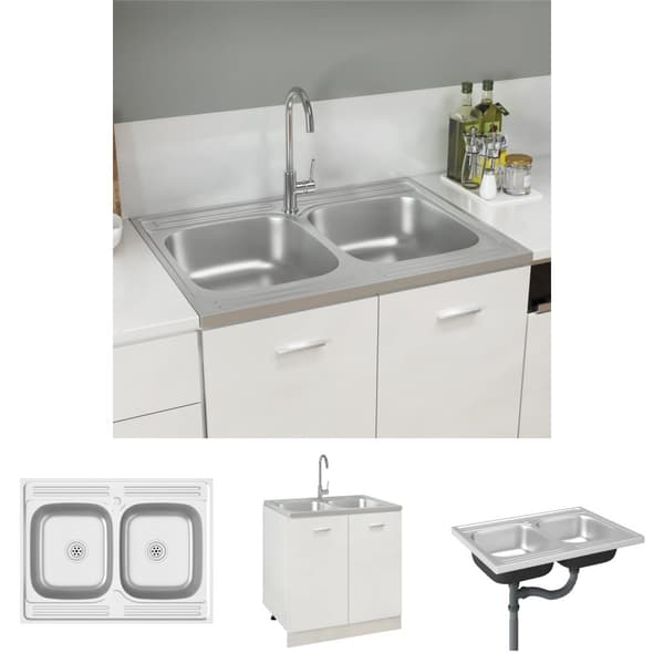 The Living Store køkkenvask med 2 bassiner 800x600x155 mm rustfrit stål sølv -  Køkkenvaske & arbejdsvaske