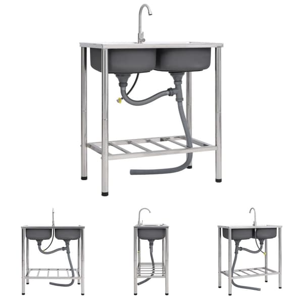 The Living Store campingvask med hane dobbeltvask rustfrit stål -  Køkkenvaske & arbejdsvaske
