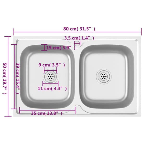 Køkkenvask med 2 bassiner 800x500x155 mm rustfrit stål sølv - Køkkenvask - Køkkenvaske - Home & Living