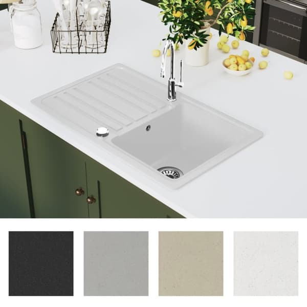 Enkelt køkkenvask i granit med bakke, vendbar, cremehvid - - Home & Living