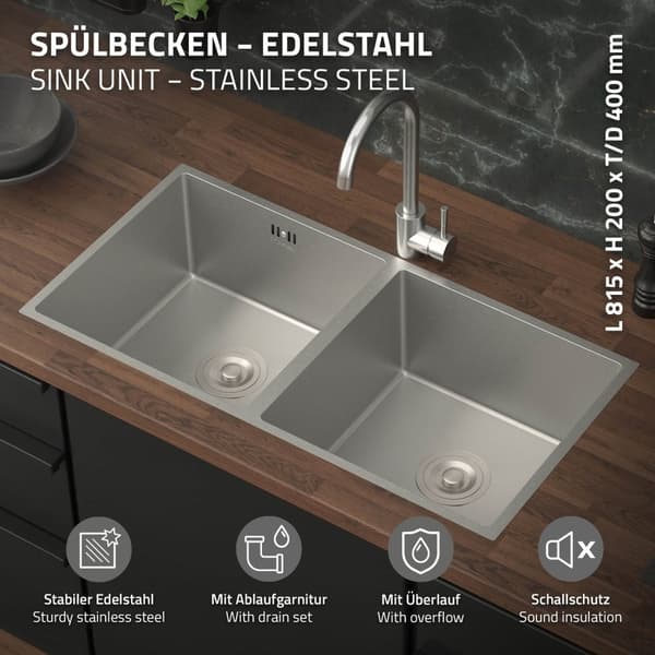 Inbyggd diskbänk med dubbelskål Silver Diskbänk med spill och bräddavlopp i rostfritt stål ML design