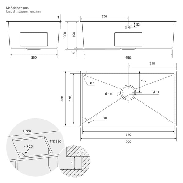 Indbygningsvask 70x40 cm sølv med afløb og overløb i rustfrit stål ML-design