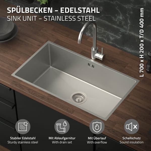 Indbygningsvask 70x40 cm sølv med afløb og overløb i rustfrit stål ML-design