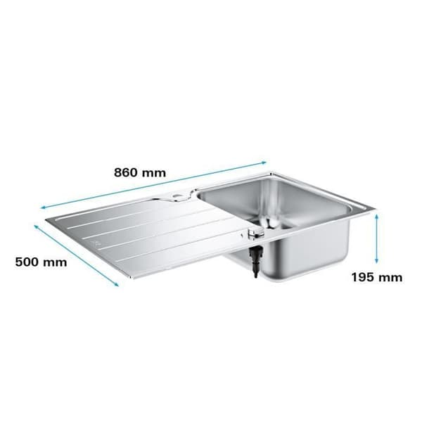 GROHE diskbänk i rostfritt stål K500 31571SD1 - Inbyggd - 1 skål - Vändbar avloppsinstallation - 86x50 cm - Rostfritt stål