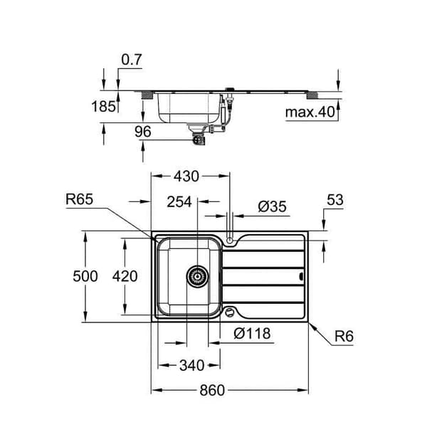 GROHE diskbänk i rostfritt stål K500 31571SD1 - Inbyggd - 1 skål - Vändbar avloppsinstallation - 86x50 cm - Rostfritt stål