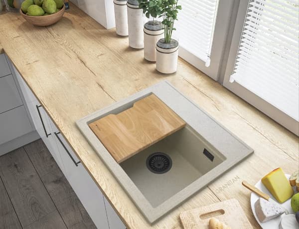 FOXAL beige  GRANITVASK SORT SIFON rektangulær  OVERLØB