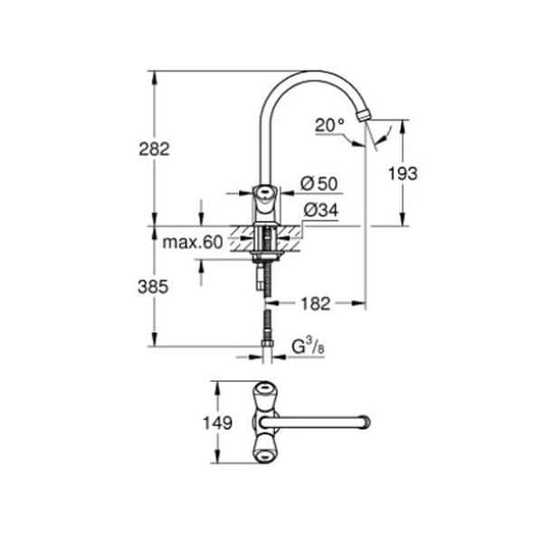 COSTA S diskbänksblandare med ett hål - GROHE - hög vridbar pip - metallhandtag - värmeisolering