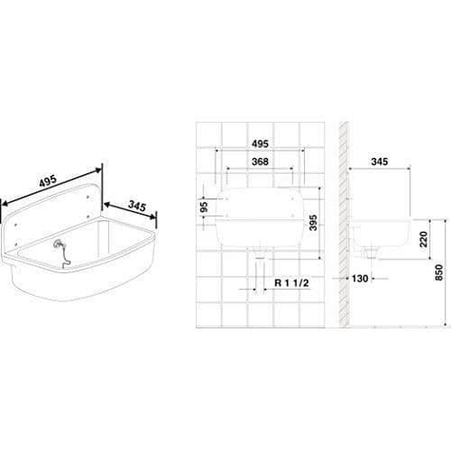 Cornat väggmonterad pip Bricka med bräddavlopp/, plast, 495mm, 1st, vit, - WAGB4900