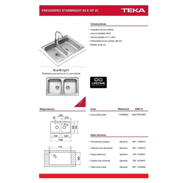 Pesuallas kahdella altaalla Teka STARBRIGHT 80 E-XP 2C