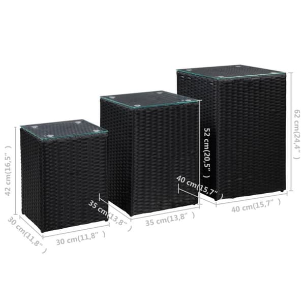 vidaXL sideborde med glastop 3 stk. polyrattan sort