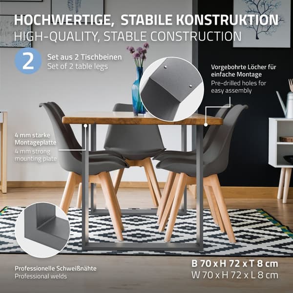 ECD Germany 2X Pöytäjalat, jotka on valmistettu neliöprofiileista, 70 x 72 cm, harmaa, jauhe päällystetty teräs, teollinen muotoilu, metallipöytä