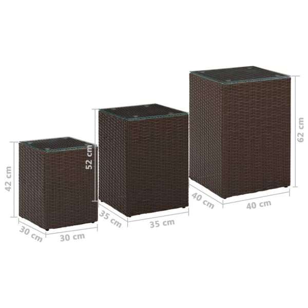 vidaXL Sidebord med glass topp brun 3 stk polyrotting
