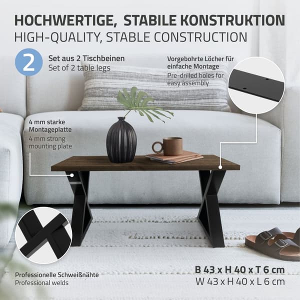 Pöydänjalat 2 kpl X-muotoinen 43x40 cm musta teräs ML-muotoilu