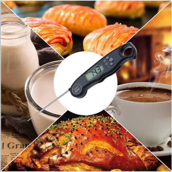 Kjøkkentermometer i svart sammenleggbart Digitalt, vanntett, magnetisk termometer med LCD-display og alarmfunksjon for matlaging, grilling, baking osv