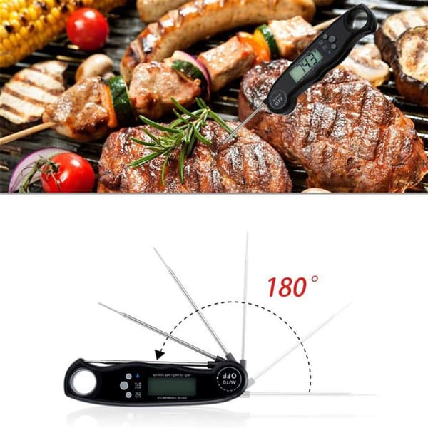 Kjøkkentermometer i svart sammenleggbart Digitalt, vanntett, magnetisk termometer med LCD-display og alarmfunksjon for matlaging, grilling, baking osv