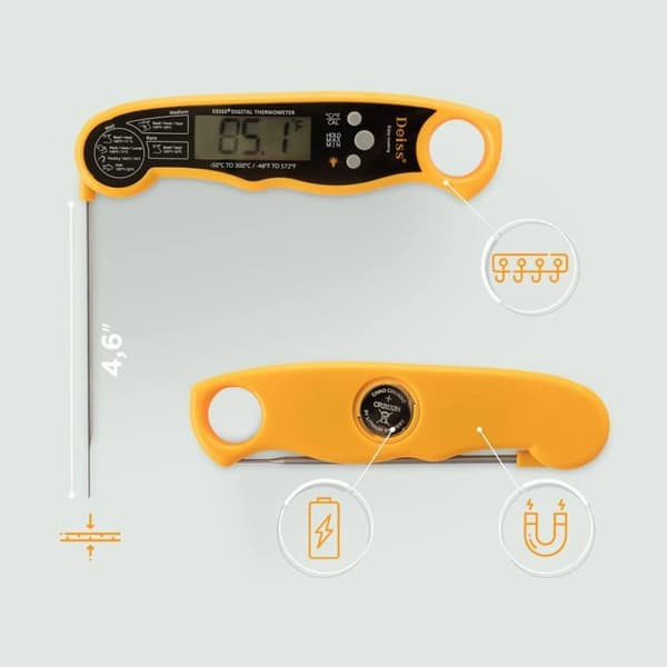 Deiss PRO Digital kökstermometer - Vikbar temperatursond - Med LED-bakgrundsbelysning
