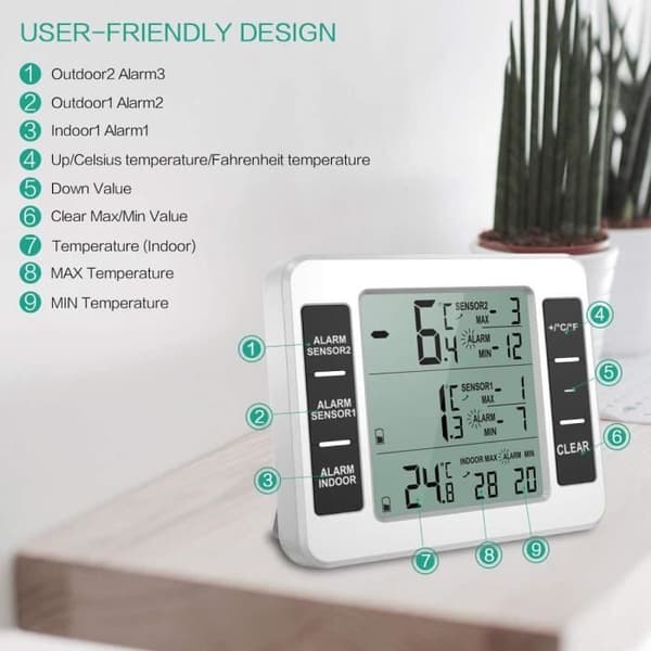 Digital kyl, frys eller inomhustermometer, med 2 temperatursensorer, vattentät, trådlös, enkel LCD-skärm