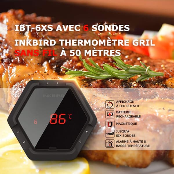 Digitalt termometer, Bluetooth-forbindelse, understøtter 6 prober,IBT-6X Sort 6 Probe