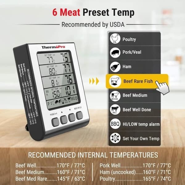ThermoPro TP17H Termometer Ugn Termometer för Matlagning med 4 Temperatursonder för Ugn Grill Bakning Ther