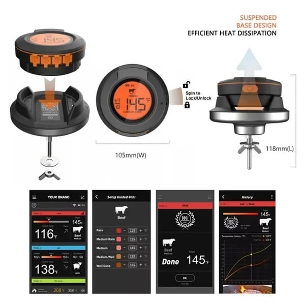 0-380°C smart Bluetooth matlagningstermometer med 4 sonder, grilltermometer med app-kontroll, avtagbar design