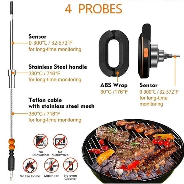 0-380°C smart Bluetooth matlagningstermometer med 4 sonder, grilltermometer med app-kontroll, avtagbar design