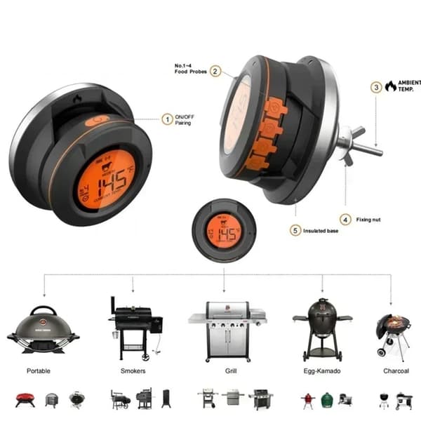 0-380°C smart Bluetooth matlagningstermometer med 4 sonder, grilltermometer med app-kontroll, avtagbar design