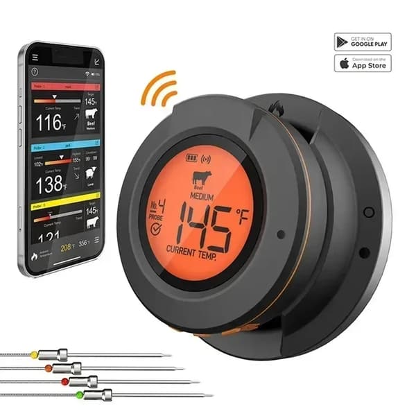 0-380°C smart Bluetooth matlagningstermometer med 4 sonder, grilltermometer med app-kontroll, avtagbar design