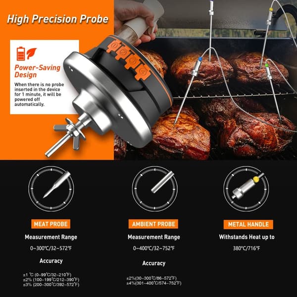 0-380°C smart Bluetooth matlagningstermometer med 2 sonder, grilltermometer med app-kontroll, avtagbar design