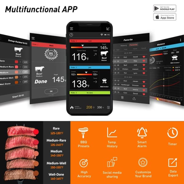 0-380°C smart Bluetooth matlagningstermometer med 2 sonder, grilltermometer med app-kontroll, avtagbar design
