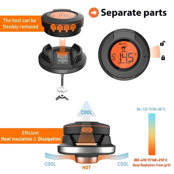 0-380°C smart Bluetooth matlagningstermometer med 2 sonder, grilltermometer med app-kontroll, avtagbar design